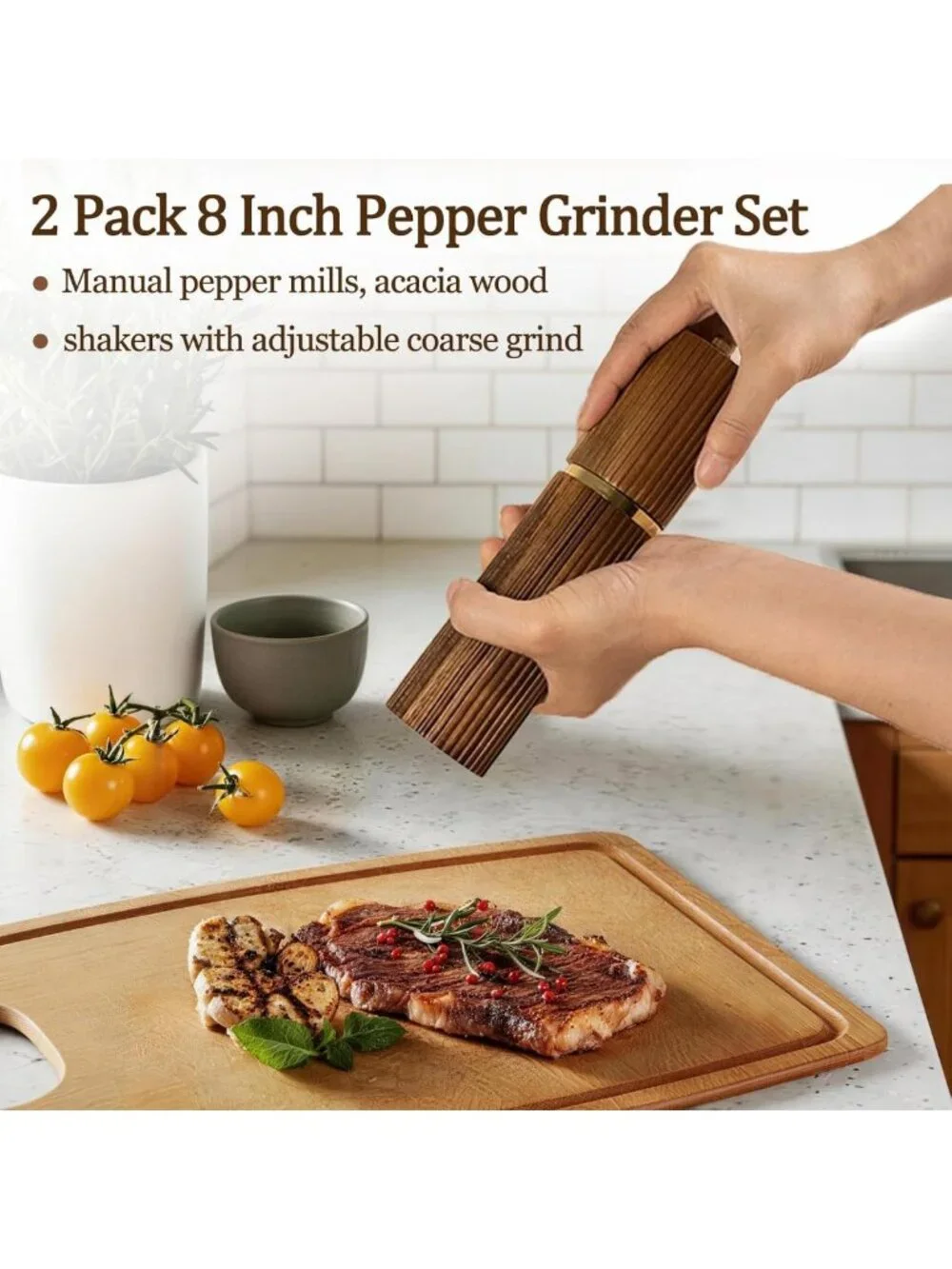2 Pack Acacia Wood Salt & Pepper Grinder Set - Stylish 8-Inch Mills for Kitchen